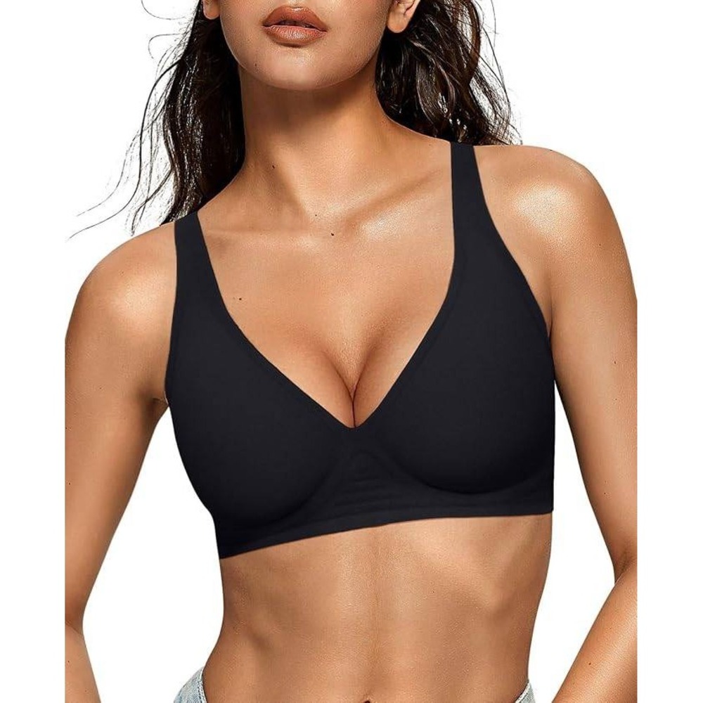 MSRP $36 OEAK Women's M Black Jelly Bra Wireless Deep V Bralette Comfy Push Up
